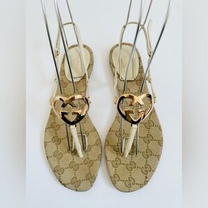 Gucci White leather GG supreme canvas interlocking heart thong sandals EU 36.5